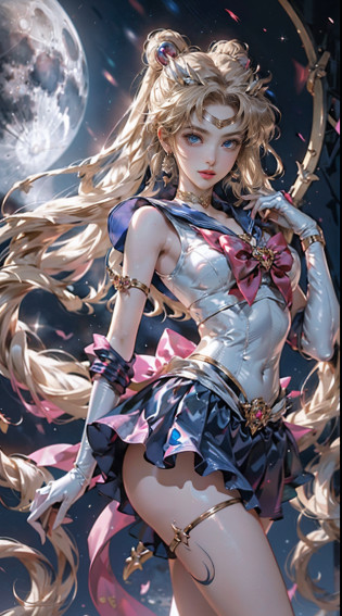 masutepiece, full: 1.3, to stand, 8K, ?.3D, Realistic, Ultra Micro Photography, of the highest quality, Extreme Detail CG Unity 8K Wallpapers, SEXY Model Pose?Dynamic Poses,highly dramatic picture,From below, Intricate details, (1 female), 18 years old, (Sailor Moon Super Sailor Moon Mer1, tiarra, Sailor Senshi Uniform Sailor: 1.2, Sailor Moon: 1.2), Incredibly long bright twin-tailed blonde, Thin and very long straight twin tail blonde, Hair bun, Red round hair ornament in a hair bun, Sailor Senshi Uniform, (Blue collar, blue sailor collar, Blue pre-gate mini skirt: 1.3, very large red bow on the chest,: 1.3, Long white latex gloves: 1.3, Red gloves on the elbows, very large red bow behind the waist,: 1.1, cleavage looks bigger, a golden tiara, earrings), (Face Details: 1.5, Bright blue eyes, Beautiful face, Beautiful eyes, shiny eyes, thin lips: 1.5, thin and sharp pale eyebrows, long dark eyelashes, Double eyelashes), Luxurious Golden Jewelry, Thin, thin and muscular,, a small face, Big breasts, Perfect proportions, thin waist, SEXY Model Pose, Visible Pore, Seductive smile, Perfect hands: 1.5, high-leg swimsuit, Very thin and fitting high gloss white holographic leather, Octane Rendering,  Strong natural light, Sunlight, exquisite lighting and shadow, Dynamic Angle, Digital SLR, Sharp Focus: 1.0, Maximum clarity and sharpness, (Space background,Moon, dynamic background, Detailed background),(Rabbit, Double bun, Twin-tailed, Parted bangs, circlet, Jewelry, earrings, Choker, Red bow, White Gloves, elbow groves, Blue skirt
),nffsw