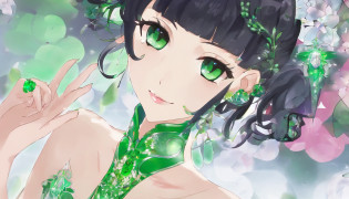 Boyish very short black hair, lipsticks, Japan woman smiling, Green Long Grove,?Emerald Tia boyish very short black hair, lipsticks, Japan woman smiling, Satin green long gloves, Green Pearl Necklace, verd s eyes, Green eyes, Long green gloves made of satin material, big breasts beautiful, Green Bridal Veil, Green eyes, Emerald Earrings,emerald tiara, Green eyes
