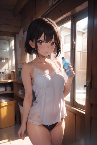 ultra-quality, ultla highres, Hyper Detailed, High contrast, superfine illustration, creative refinement, just out of the bath, camisole, Panties, Drinking water from plastic bottles, Own room