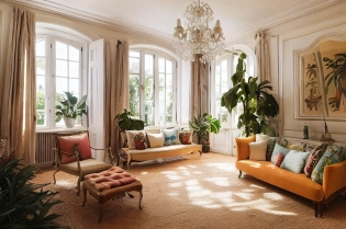 living room with French windows opening onto the garden, Proven�al style sideboard, plants, jute carpet, parquet, sofas with cushions on top, crystal drop chandelier, interior design magazine, warm atmosphere, photorealistic, realistic light, wide angle, many details, --ar 3:2 --beta --upbeta --upbeta