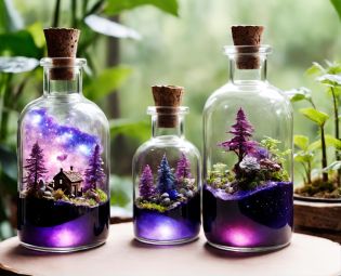 (beautiful scenery nature glass bottle landscape, , purple galaxy bottle, magic in a bottle:1.2), in a rustic shop full of the same kinds of magical bottles and miniature terrariums in glass enclosures, beautiful, glass bottle landscapes, purple galaxy in a bottle, rustic shop, light from window, magical bottles, miniature terrariums in glass enclosures