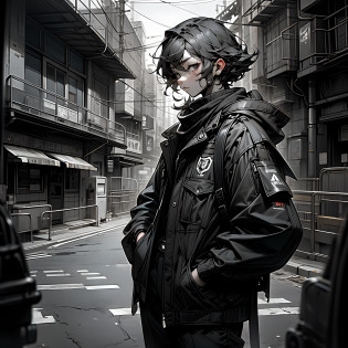 Masterpiece, Best Quality, 1man, Uniform, Hand Pocket, School Bag, Brunetette, Black Eye, Cyberpunk, Street, Monochrome, Line Drawing --auto