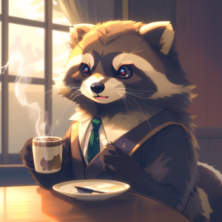 There is a raccoon dog sitting at a table drinking coffee, Anthropomorphic raccoon dog, Raccoon dog in formal dress, Adorable Digital Painting, Anthropomorphic furry art, Raccoon, Rocket raccoon dog, high quality fan art, furry character portrait, Zootopia Concept Art, furry art, Raccoon, Furry digital art