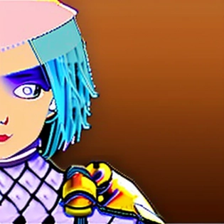 She is a girl with short blue hair, with proportionate eyes and the same color, with a sword