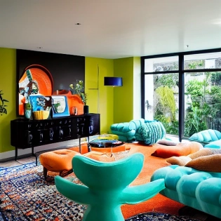 high resolution photography interior design, blue dark sunken living room conversation pit, orange carpet, large windows with view of garden, large sofa, low ceiling, beige green and orange pastel palette, interior design magazine, cozy atmosphere with rabbits jumping eating hamburgers