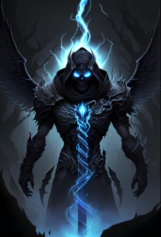 ((best quality)), ((masterpiece)), ((inked)), majestic  soft oil painting by jim lee, night time, ((skeletal)), emaciated, dark twisted haunted corrupted woods, a horrid spectral male lich, (( body portrait)), evil detailed face, lich king, intricately detailed tattered robes of office, (black feathered wings:1.2), tombstones littered amongst the gnarled leafless trees, jet black bastard sword wreathed in blue spectral flame, burning halo, dark swirling smoke like malevolent energies, ((low hanging volumetric mist)), dynamic angel, black blue purple color palette,