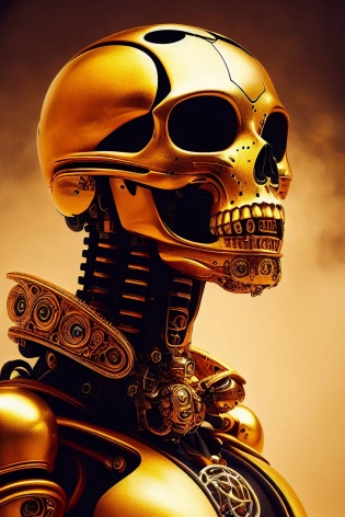 portrait of golden skull| filled with smoke| broken robot parts| hovering in space| (Midjourney style)| hyperrealism| highly detailed| insanely detailed| intricate| cinematic lighting| depth of field