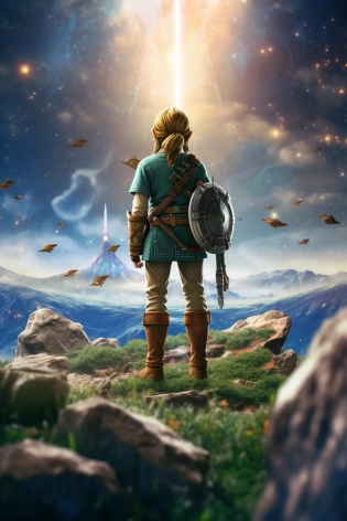 Full body portrait of movie character, Hyper realistic Link, Link standing in front of a big magical planet, strong features, Link like a God, breath of the wild clothes, hyper detailed, shot on Hasselblad H4D 200MS Digital Camera, Mitakon Speedmaster 65mm f/1. 4 XCD, Galaxy, Dimensional effect, Fresnel lighting --ar 2:3 --s 1000