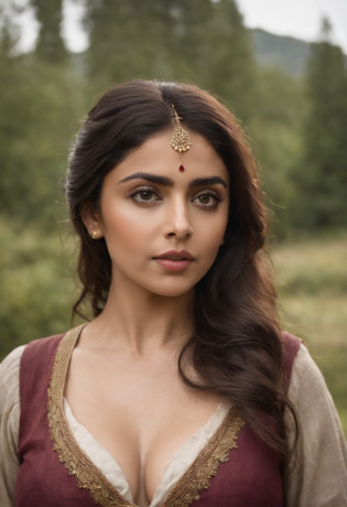 Portrait Photography, face shot of a Shriya as a medieval fantasy shepherdess, perky breast, deep cleavage, extreme cleavage, huge breast under tight dress, wrinkly, revolting looks, short salt and pepper hair, goatee, serious expression, medieval fantasy shepherdess clothes, in a medieval countryside, The colors are masterfully captured by Nikon D850 and a Nikon AF-S NIKKOR 70-200mm f/2.8E FL ED VR lens, Peter Jackson, fantasy, historical