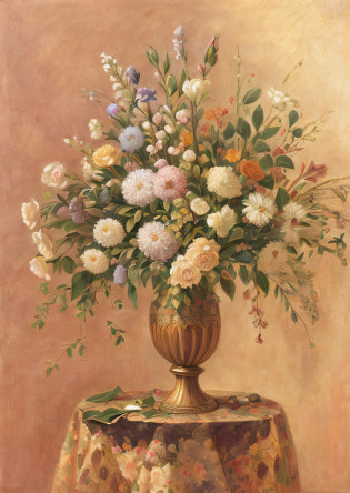 Draw a vase on the table?The background is the wall, vases, elegant flowers, ornate floral, Elegant composition, Bouquet, vase with flowers, gilded. Floral, floral renewal, Elegant scene, Still life with flowers, inspired by Fran�ois Boquet, i dream of a vase flowers, elegant and refined painting, author?John Clayton Adams