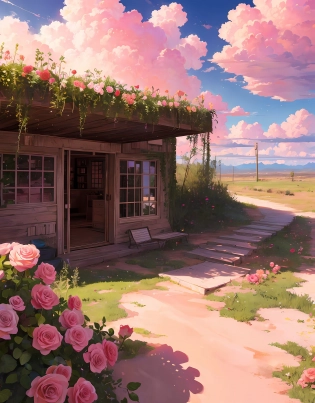 Summer, desert, pink clouds, a land overgrown with roses, James Gurney, art station rendering, ultra-wide lens, high definition