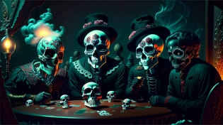 (gloomy illumination, insane, stunning, dramatic, completed artwork, HQ:1. 1), A group of D�a de Muertos (Skeletons:1. 1) playing Cards in a Cemetery , Poker, Mexican Day of the Dead, (Sugar Skull Makeup:1. 3) , calaveras, Catrinas, (Poker Table:1. 1), Cigar Smoke, Whisky Glasses on Table, Cinematic, Eerie Moody Scene, By Tim Burton , (By David Lozeau, by Jos� Guadalupe Posad:1. 2), sharp focus, bokeh, <lora:epiNoiseoffset_v2:2>, Vivid colors, UHD, HDR10, 16K, (Masterpiece:1. 5), Absurdres, (best quality:1. 5)Model: VinteProtogenMix V20