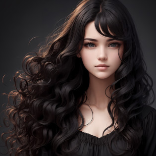 There is a woman, positioned from the front, face facing forward without inclination, looking forward, with long black hair and a black dress, detailed long black hair, hair texture, curly black hair, long black curly hair, long curly black hair, long curly black hair, long black curly hair, dynamic wavy hair, black curly hair, swirling black hair, wavy black hair, wavy black hair,  wavy black hair, detailed hair, curly dark hair, realistic hair, intricate long curly hair, with cute face, cute, cute girl --auto
