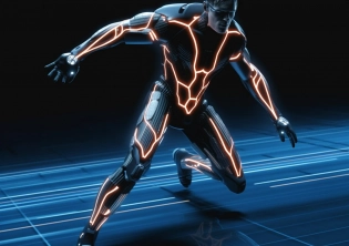 Dramatic cinematic still RAW photo of cyber enhanced warrior 01011101 on TRON, he wears a tight cyber suite with luminescent accents, running in a kinetic pose, light motion, blur, inside a large dark empty space only illuminated by matrix lines spreading to the horizon, cinematic lighting, extreme wide shot, hyper-realism, hyper-detail, cyberpunk, hyper-futuristic, style by 2030 --no mockup, bad anatomy, text, signature, watermark, username, low resolution, worst quality, low quality, jpeg artefacts, blurry, cropped, badly framed --ar 7:5 --c 40 --s 600 --v 5