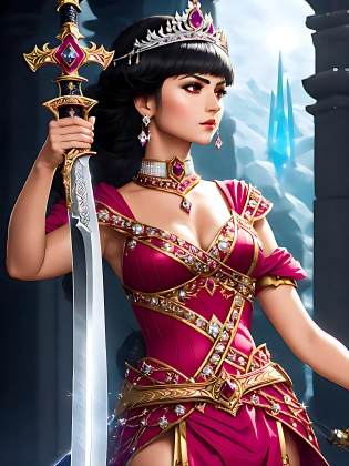Her weapon of choice is a gleaming sword, its blade honed to a razor-sharp edge. The hilt is encrusted with diamonds and rubies, adding to its beauty and value. The Princess holds the sword aloft, ready to strike at a moment's notice.