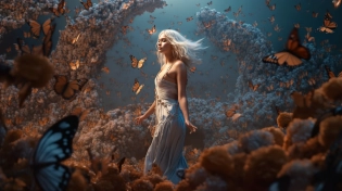 the goddess of monarch butterflies, digital illustration, octane render, fantasy poster, full body view, wide-angle shot, dynamic pose, white hair, surrounded by dozens of monarch butterflies, interesting composition, hyper-maximalist, maximum resolution, masterpiece, 8k --ar 16:9 --s 500 --no close up --v 5
