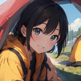?masterpiece?top-quality?ultra-detailliert?illustratio???? 1 ?????plein air?Yellow outerwear?Black pants?Big tent?Close up of faces stacked next to each other?portlate(((Camping alone)))?(((Blue 2 Person Tent?Red Road Bike)))?((Yellow outerwear?Black pants))?facial close-up?portlate((Riding a red road bike))?ssmile?Tent on background?Road bike visible in the center