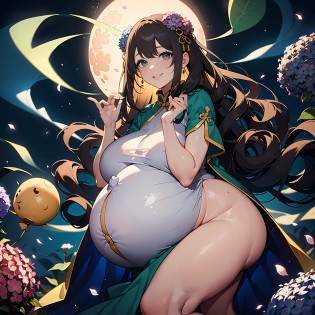 Masterpiece, Best quality, Night, full moon, 1 girl, Mature woman, Chinese style, Ancient China, The beautiful man looked at her pregnant belly and smiled, Big Baby Bump pregnant, Bigboobs, Nippur,Big black balloon big pregnant belly, Big Pregnant girl, Largest Belly of Pregnant, Huge Pregnancy, Huge 60 months gestational belly?Brown hair, Princess cut, Single strips of fried dough twisted braid, Coiled hair, Double ball head, Light pink lips, calm, Intellectual, mid hair, green pupills, Hairpin, hydrangea,