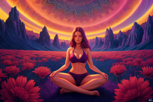 woman over 22 years of age looking at zenith, Meditating, Arms spread wide, Cinematic, 4K ultra-high, Beautiful face, ((full bodyesbian)), Detailed, perfectfingers, Beautiful woman: 1.3, beautiful  face?Good clarity, Saturated colors, psychedelic image, LSD, mandalas, fractalized, 3d depth, Dan Mumford and Alex Gray style, sunset psychedelic, kilian eng vibrant colours, psychedelic landscape, kilian eng vibrant colours, dan mumford and albert bierstadt, Official artwork, in the style dan mumford artwork, dan mumford paint, jen bartel, Psychedelic art style, mythical floral hills