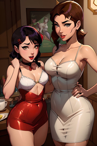 two women in latex dresses standing next to each other, pinup art, comic pinup style, lois van baarle and rossdraws, rob rey and kentaro miura style, ilya kuvshinov and artgerm, rob rey and kentar� miura style, pinup, artgerm and ilya kuvshinov