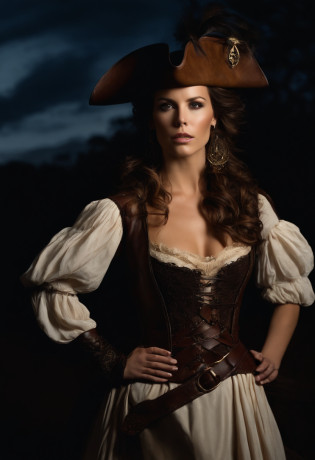 hair, penetrating gaze, furrowed eyebrows, serious look, looking at the viewer, close-up on the woman's face beautiful Kate Beckinsale, wearing antique costume, brown leather tricorne, tricorne on her head, tricorne covering her forehead, pirate tricorne, pirate style outfit, brown leather bodice, dynamic, highly detailed,
long-sleeved shirt, brown long-sleeved shirt, long brown shirt, two belts crossing the girl's torso, bandolier forming an x, red scarf around the neck, bullet belt, red scarf around the neck, leather belt crossed at the waist, dark night , dark night, crescent moon behind the beauty, Kate Beckinsale, crescent moon behind the beautiful girl, cinematic lighting, horror scene. dark night, dark sky, sky with black clouds