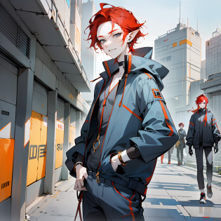 young man, (((male))), man, twink, (((one person))), (((single))), (((solo))), (((1guy))), (((very pale skin))), (pale skin), (((red hair))), ((red colored hair)), (((grey colored eyes))), (long hair), (((slim body))), slim figure, (((flat chest))), ((black colored clothes)), (((indigo colored clothes))), ((dark blue colored clothes)), ((golden jewellery)), ((pointy ears)), (((grey eyes))), male face, smiling, (((kpop style))), (((futuristic style))), (((wearing modern clothes))), (((street fashion))), (((wearing a kpop outfit))), (futuristic street wear), ((wearing futuristic kpop style clothes)), futuristic city in the background, ((futuristic accessories)), science fiction,