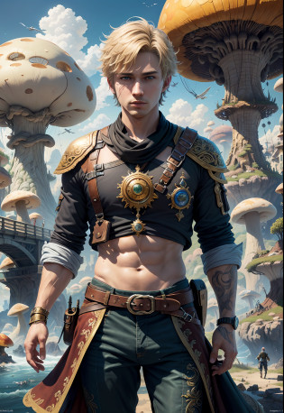 (((Multiplayer, Man and Woman))), Best Quality, Realistic, Realistic, Award-Winning Illustrations, (Intricate Details: 1.2), (Fine Details), (Intricate Details), (Cinematic Light, Best Quality Backlight), Clear Lines, Sharp Focus, Official Art, Unity 8k Wallpaper, Ridiculous, Incredibly Ridiculous, Fantasy Art, RTX, ((Award-winning Triangle Studio Close-up Photo)), 1 Boy, (Shut Up), Best Quality, 4K, beautiful mysterious creatures, blond male, flying, surrealism, masterpiece of NCWINTERS, masterpiece in mysterious country town, masterpiece, intricate details, ff14style, urban painting, bridge, river, giant mushroom, landscape, bright colors,