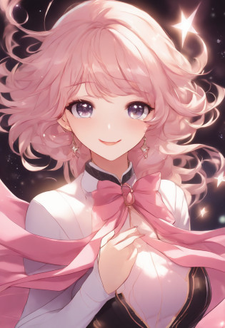 chest out, absurdres, superfine illustration,rainboweffect, highres, ultra detailed,light diffusion,highly detailed light reflection, kaleidoscope, harmonious, best shadow, highly detailed very beautiful big smile face, ;D, beautiful growing crystal diamond star pupil,look at viewer, beautiful detailed hair, solo, dynamic pose, beautiful detailed pink and black ribon, beautiful detailed High school uniform, Fantastic and the whole shines and shooting star and the wind is strong in detail background