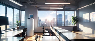 A lot of people are in the office?A lot of people are working?Computer, Sky outside the window?In the daytime?and the sun was shining brightly?In the office, artstation hq, working in an office, At the office, office backdrop, in a open-space working space, in front of a computer, in a office,