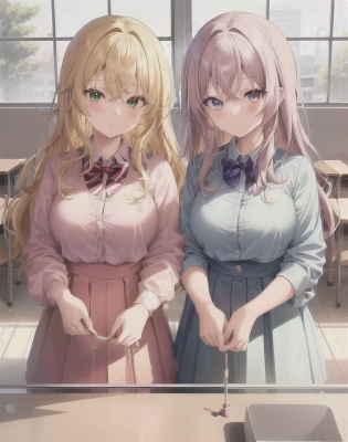 2girl, perfect anime illustration, happy, closeup, painting, curly hair, messy, best blonde girl hair, different hairstyle, different haircolor, different eye color, 1 girl has green eyes, pretty girls at school, tiled floor, classroom, 8:00 am, morning, windows, casual outfit, cute, aesthetic. (best quality:1. 2), animated lighting, octane render, bright mood, walking alone, fashion, anime, masterpiece, trending, detailed fanart, waist up portrait, anime faces, dynamic pose, smile, alone in image
