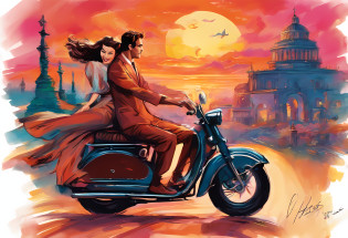 An illustration of Roman Holiday, an illustration of a Roman Holiday scene in which two people travel on a moped, the theme of the illustration is freedom and love. This scene shows Princess Anne and Joe enjoying their freedom and falling in love. Audrey Hepburn and Gregory Peck
BREAK,
The back view of two people riding a motorcycle, the view of two people riding a motorcycle looking at the cityscape of Rome, the view of two people riding a motorcycle illuminated by the sunset,
Expressing Princess Anne in bright colors, expressing Joe in dark colors, expressing the streets of Rome in colorful colors, expressing the sunset in warm colors, Hepburn's distinctive eyes, and Hepburn's beauty. Express with colors that emphasize
