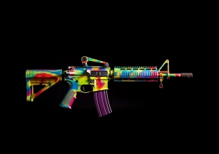 Breathtaking photo of an AR15 rifle painted in bright colours as an art piece. ::5 The weapon is an imposing artistic piece, presenting an ArmaLite AR-15 fully painted in psychedelic colours, being held by a modern acrylic art stand. The exhibition is clearly created to provoque reflection, by presenting a psychedelically camouflaged weapon and magazine. Shot in professional photography studio, using a neutral light background. ::4 The general composition creates an intriguing duality between the object and the bright unusual colours in which it is painted. An evocation of the theme of war and peace ::3 professional studio illumination, diffused light, bokeh. Camera is positioned from a 45 degree angle, close-up, Sony A7S III, 35mm lens, ISO 100, low shutter speed, aperture f4. Professional product photography, high quality stock image, digital photography ::3 --no text, signature, watermark, username, low resolution, low quality, jpeg artefacts, blurry, cropped, unframed --ar 7:5 --v 5 --c 10 --seed 092 --s 50