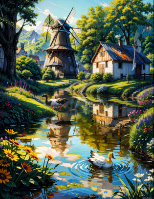 painting of a beautiful farm,with lots of flowers,lush greenery,a pond, water reflection, ((beautiful windmill)),((duck ))roaming around pond,barn beside windmill,sunkissed image,flowers, beautiful art uhd 4 k, a beautiful artwork illustration, beautiful digital painting, highly detailed digital painting, beautiful digital artwork, a bustling magical town,farmer village, countryside Mediterranean village, detailed painting 4 k, ,windmill, village, very detailed digital painting, rich picturesque colors, gorgeous digital painting