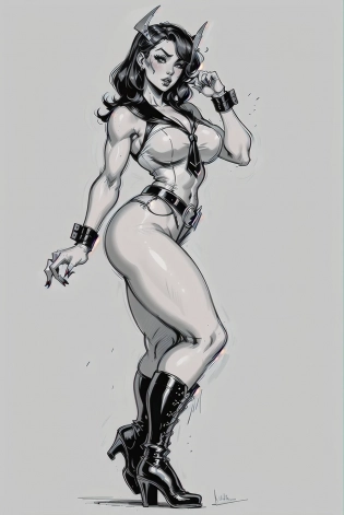 (((Full length portrait))), monochrome, pinup-style demon succubus, playfully flirtatious, demon tail, demon horns, (side profile), winking, alluring, ([Betty Page | Marilyn Monroe]), (curvy:1. 1), (muscular:1. 2), seductive, (wearing jeans, boots, tied up shirt, and a leather jacket), clothed, female, women, beautiful face, 2d drawn, (Charm:1. 2), Intricate, High Detail, Sharp focus, classic, lora:valerianLaureline_valerianLaureline:. 1 lora:RX78_V1:. 3 lora:artbytokiame:. 2 drawn in the style of Sailor Jerry