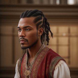 cinematic, photo, head and shoulder portrait photo, 1man, solo, malagasy nobleman, 28 years old, plump lips, long loose hair, dutch braids, short beard, long chin beard, serious, intense expression, athletic, rich regal traditional clothes, elaborate, intricate decorations, in a palace, Canon EOS 5D Mark IV, historical, fantasy, hyper detailed, accurate textures, realistic, skin pores