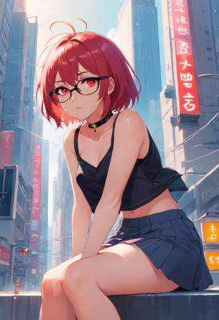 A woman with red hair and a black shirt sits on a city street?Traffic light in background, Art germ, Anime art, Cyberpunk art of a, Photorealism, 1girll, bangs, Bare_bshoulders, black_choker necklace, Breasts, bridge, yellow_Eyes, Building, choker necklace, City, Cityscape, crop_Top, jewelry, Looking_at_peeping at the viewer, Makeup, midriff, navel, necklace, Pink_Hair, short_Hair, side-tie_Panties, Sitting, Skirt, skyscraper, Solo, tanks_Top, forehead  long_red_hair glasses