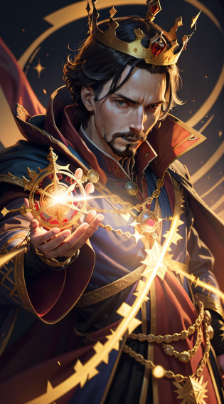 a close up of a doctor strange in a crown and a crown on his head, doctor strange as the new king of great britain, doctor strange wearing a royal robe, with scepter and crown, doctor strange wearing a crown and suit, god save the queen!!!, wearing gilded red royal robes, monarchy, wearing long royal robe, bejewelled and encrusted royalty