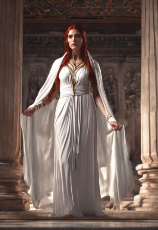 Greek goddess of hearth and fire, with ((Dark red hair)) and ((Dark red eyes)), with fair skin, Wearing a long white Greek robe and a white veil, It looks mysterious and beautiful, Inside an ancient Greek temple, 