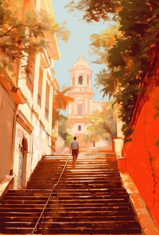 a person is walking down a street with stairs and a church with a yellow roof, in the style of exotic flora and fauna, hispanicore, light red and white, distinctive noses, claude monet, post-impressionism, dazzling cityscapes, #vfxfriday --ar 255:377