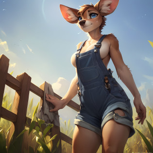 uploaded on e621, by Pixelsketcher, by Bayard Wu, by Thomas Benjamin Kennington , by Einshelm, solo anthro female deer doe with ((nice breasts)) and (fluffy tail) and ((clear navy blue eyes)), (( full body portrait)), BREAK, ((wear dirty work overalls)), sweaty, nervous, embarrassed (detailed Bonifasko lighting), (detailed fur), (detailed skin), BREAK, ((facing viewer and leaning against a wooden fence in a field of crops with hand between legs)), (cinematic lighting), ((detailed background)), ((low-angle view)), (three-quarter view), (half body shadow), [backlighting], [crepuscular ray], [detailed ambient light], [gray natural lighting], [ambient light on the belly], (higher wildlife feral detail), [explict content], [sharp focus], (questionable content), (shaded), ((masterpiece)), BREAK