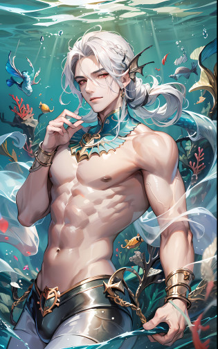man, masculine, masculine face, attractive, muscular, (((1man))), masterpiece, absurdres, best quality ,intricate details , (shiny skin, shiny body, shiny oily luster skin, shiny hair, pale skintone), Sundown, attractive, ((muscular)), adult, one, earrings, Don't look at the view , Not looking at the view, silver hair, braided hair, perfect detailed face, perfect detailed hands, triton, fins, red eyes, triton ears, ((portait)), smirk, marine sea ornaments, ((in the water)), open chest, (mermaid tail), no legs, ((diving underwater)), under the sea, fishes, masculine features, masculine face