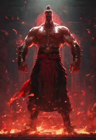 Ravan, king or srilanka ,a 52 years old man, proper eyes, proper hands, proper legs, moderate stature, has a big tail, Fire on the background, strongly built, broad-chested, narrow-waisted, and long-armed, one hand straignt pointing to something and a big blue dager inthe other hand, in a dark kings chamber, dark background (Professional 3D rendering:1.3) by (Realistic:1.3) World's most beautiful art picture, Features soft, dark complexation male heroes , ((Epic Ravan the destroyer, fantasy rough muscular man wet hero angry look long hair, clean shaved, long face and fierce expression in ordering to start the war pose, wearing a deep red robe, inside a temple, burning fire lights in the background, dark dangerous environment)), full body 8k unit render, action shot, skin pores, very dark lighting, heavy shading, detailed, Detailed face, (vibrant, photorealistic, Realistic , Dramatic, Dark, sharp focus, 8k), (deep red and black with heavy jewelry r:1.4), (intricate:1.4), decayed, (highly detailed:1.4), painting digital, rendering by octane, art stations, Concept-Art, smooth, sharp focus, illustration, germ of art, (Loish:0.23), Wlop Ilya Kuvshinov, and Greg Rutkowski and Alphonse Mucha Gracias, (global illumination, studiolight, Light Volumetric ), heavy rain, floating particles, scoundrel, fantasy, Eleven, full bodyesbian, ((Dark jungle background:1.3)),CGSesociedade,art stations