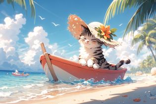 ,(Masterpiece:1.2, high quality),
cat, no humans, flower, hat, outdoors, closed eyes, beach, tree, palm tree, ocean, seashell, boat, straw hat, sky, shell, watercraft, :3, blush, day, hat flower, cloud, sitting, animal, water, sand, closed mouth
<lora:cat_20230627113759:0.8>