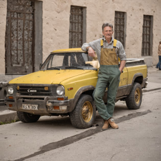 Middle-aged male American?brown  hair?Green short sleeves?Denim cargo suspenders?Wash with a K�rcher pressure washer?Washing yellow cement engineering vehicles on the moon
