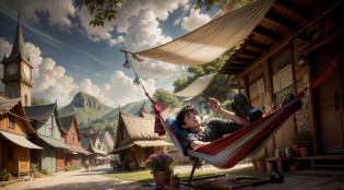 A lazy, dark-haired boy lying in a hammock in a riverside village