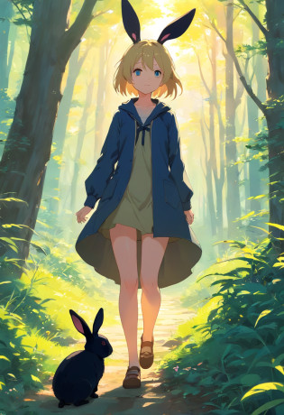 Met in the forest?One girl with cute black rabbit and blonde hair love at first sight??, ?She chases a black rabbit?, It was a rabbit wonderland?Adventures with the Black Rabbit, Changing Wonderland for the Brightest?At last?The bond between the black rabbit and the girl?She is full of joy and gratitude.?Leaving Wonderland Behind?Memories with the Black Rabbit will always remain in my mind?Even in the human world, She cherishes a special bond with the Black Rabbit, #The story of the black rabbit and the girl, Anatomically correct, awardwinning, masutepiece