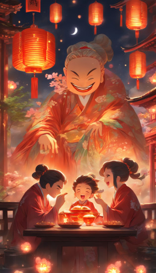 A family of three eating mooncakes?Happy expressions of parents and children?There are mooncakes on the table, Food in hand, The round moon hangs high with lanterns,Chinese style painting, exciting illustration? HD8K, Rich plot, intricate background, Rich character details, Advanced perspective, Neon night view, Rich atmosphere,Strong three-dimensionality?Perfect scene detail, The overall style is strong and vibrant.