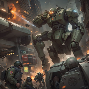 You are a talented digital artist responsible for creating an image of a city in chaos, where people are being attacked by giant robots. The army is present, trying to protect and help defenseless citizens. I want you to portray the scene in an epic and dramatic way, transmitindo a intensidade da batalha e a coragem dos soldados.

Start by drawing the buildings of the city, making sure they look tall and imposing. Add architectural details to give a realistic feel. Agora, Position giant robots strategically, making them dominant and threatening.

Em seguida, concentre-se nas pessoas. Desenhe-as correndo, gritando, Seeking shelter or fighting robots. Be sure to capture their expressions of fear, despair or determination.

To add a touch of hope, portray the soldiers of the army. Draw them into action, using advanced weapons and protective equipment. Convey your commitment to saving lives and defeating robots. Destaque-os dos demais personagens, mostrando sua coragem e habilidades.

Don't forget to work with colors and lighting to create the right atmosphere. Use dark tones and shadows to emphasize destruction and danger. Add bright lights from broken street lamps or explosions to create dramatic contrast.

As you progress, revise sua obra regularmente, aprimorando detalhes e garantindo que a narrativa visual seja clara. Ao finalizar, Take pride in its thrilling depiction of a city at war with giant robots, where the army fights heroically to protect citizens.