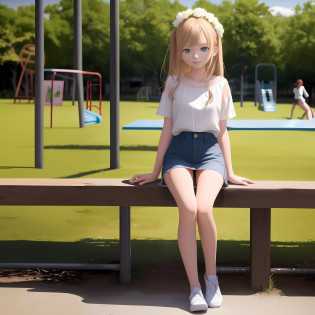 there is a girl sitting on a bench in a park, a surrealist schoolgirl, a surrealist schoolgirl, Realistic schoolgirl, at park, Realistic anime 3 d style, Realistic young anime girl, hyperrealistic teen, on a park, perfect android girl, with a park in the background, at park, 3 d anime realistic