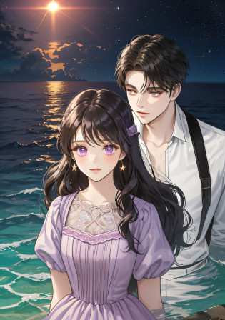 Masterpiece, superlative, sweet girl, wavy brunette woman, girl in lilac evening dress, bangs, light purple eyes, gentle lilac dress, pure girl, behind the girl stands a teenager faint smile, girl and teenager, teenager wears this black suit, heroic, capable, boy's black hair is shiny, boy and girl's hands are behind their backs, smile, smile, the sea in the distance, there is a sunset on the sea, under the stars in the distance, the teenager looks at the girl, the teenager and the girl stand in the water, The surface of the water is sparkling, teenagers and maidens stand in the water, standing in the water, underwater, mirrors, starlight around the character (upper body),